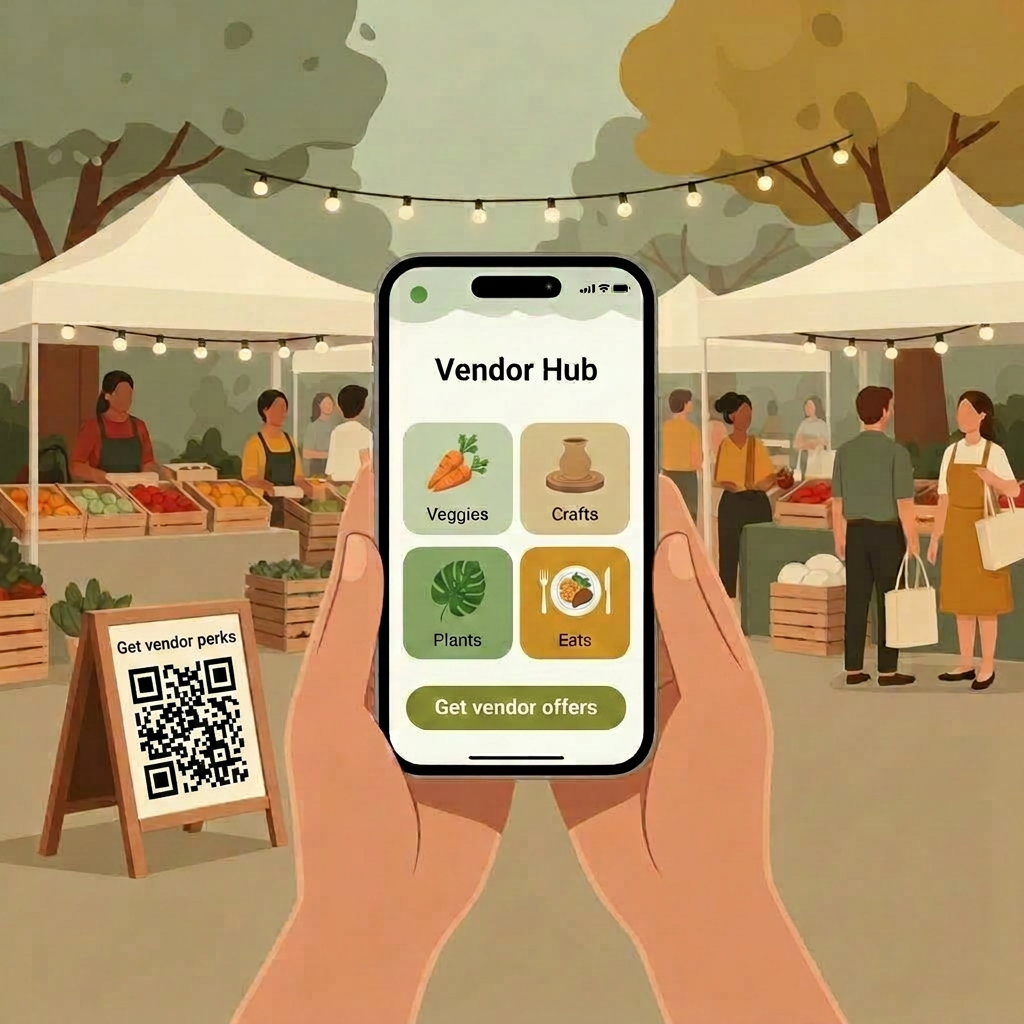 Illustration of hands holding an iPhone showing the Saturday Greenmarket Vendor Hub, with a QR code stand beside it and a bustling farmers market in the background